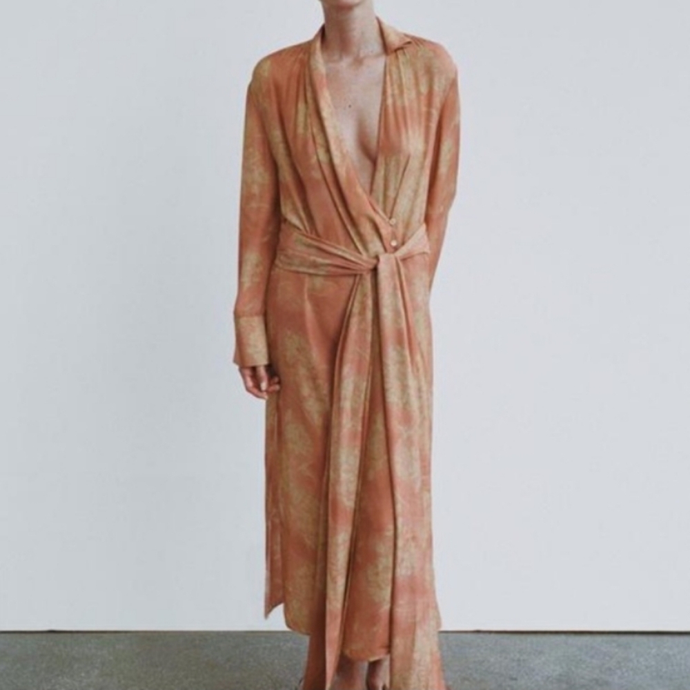 Women's Satin Maxi Wrap Dress - Burnt Orange Floral - Picture 4 of 7